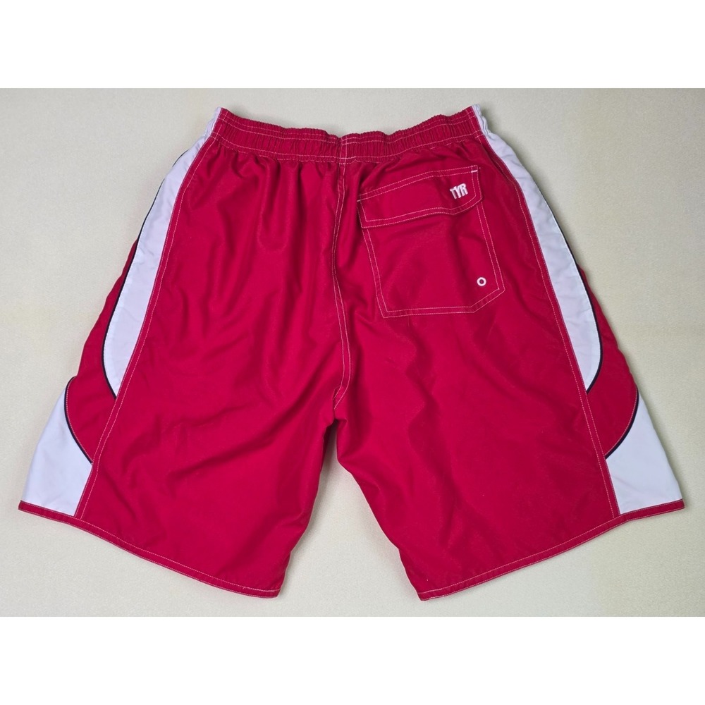 TYR Men's Swim Trunks Shorts Size M Red White Deck-X Lifeguard w/ Comfort Liner - Picture 2 of 13